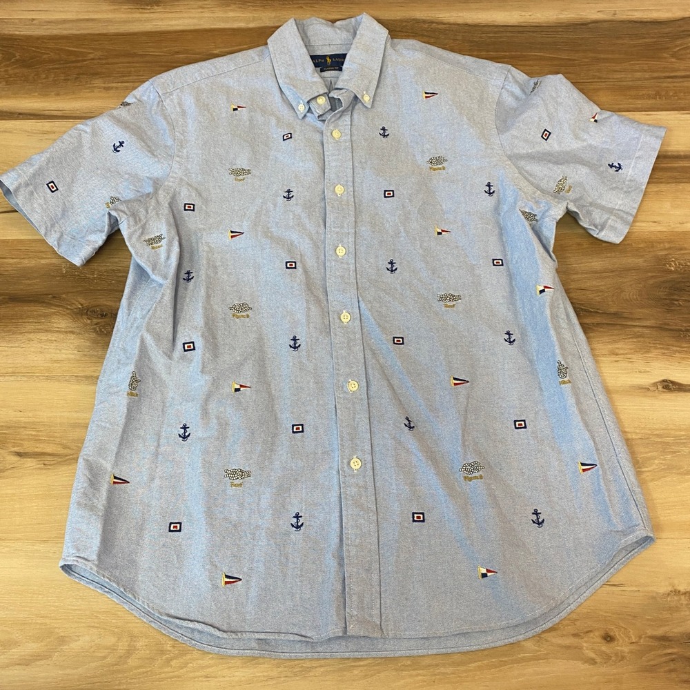 Ralph Lauren Oxford Shirt Mens Large Embroidered Classic Nautical Short Sleeve